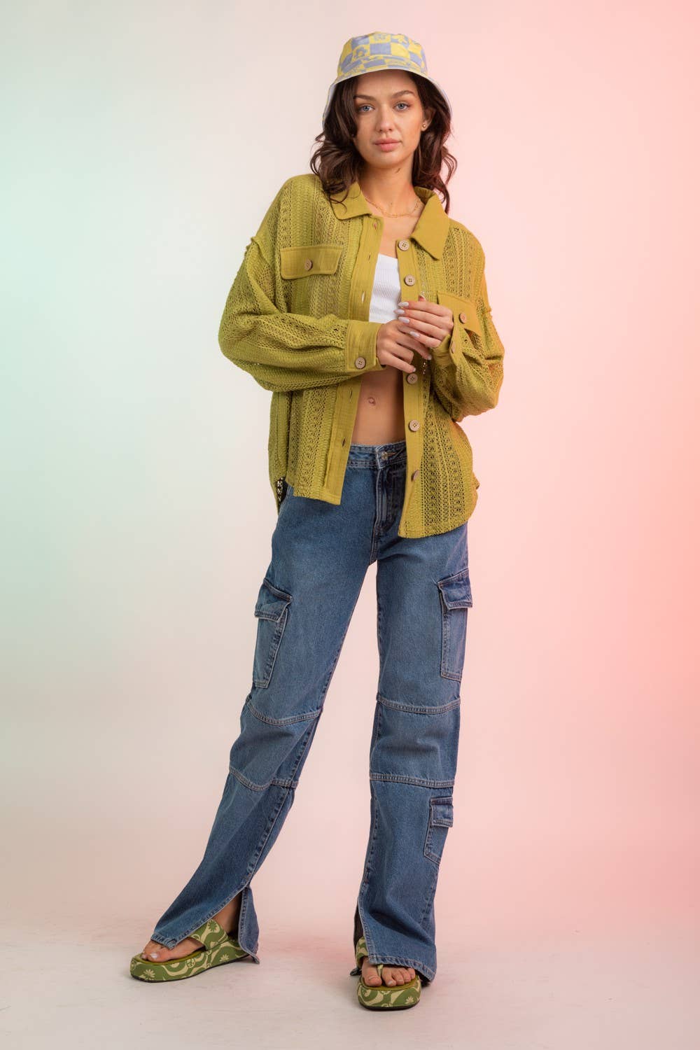 YELLOW NJ90118-Lace Crochet Button Down Sheer Shacket for wholesale on Faire4