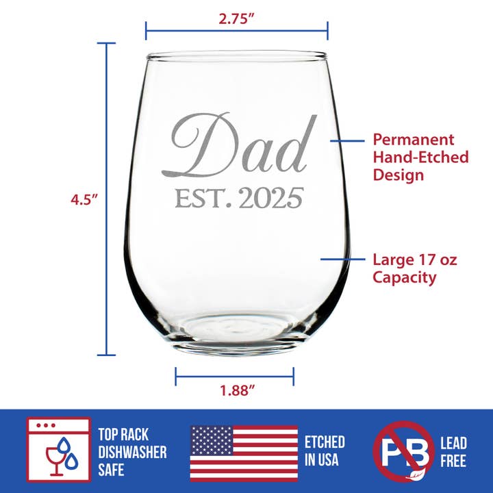 bevvee - Wholesale Wine Glass - New Dad 2025 - Decorative - Stemless Wine Glass - Engraved3