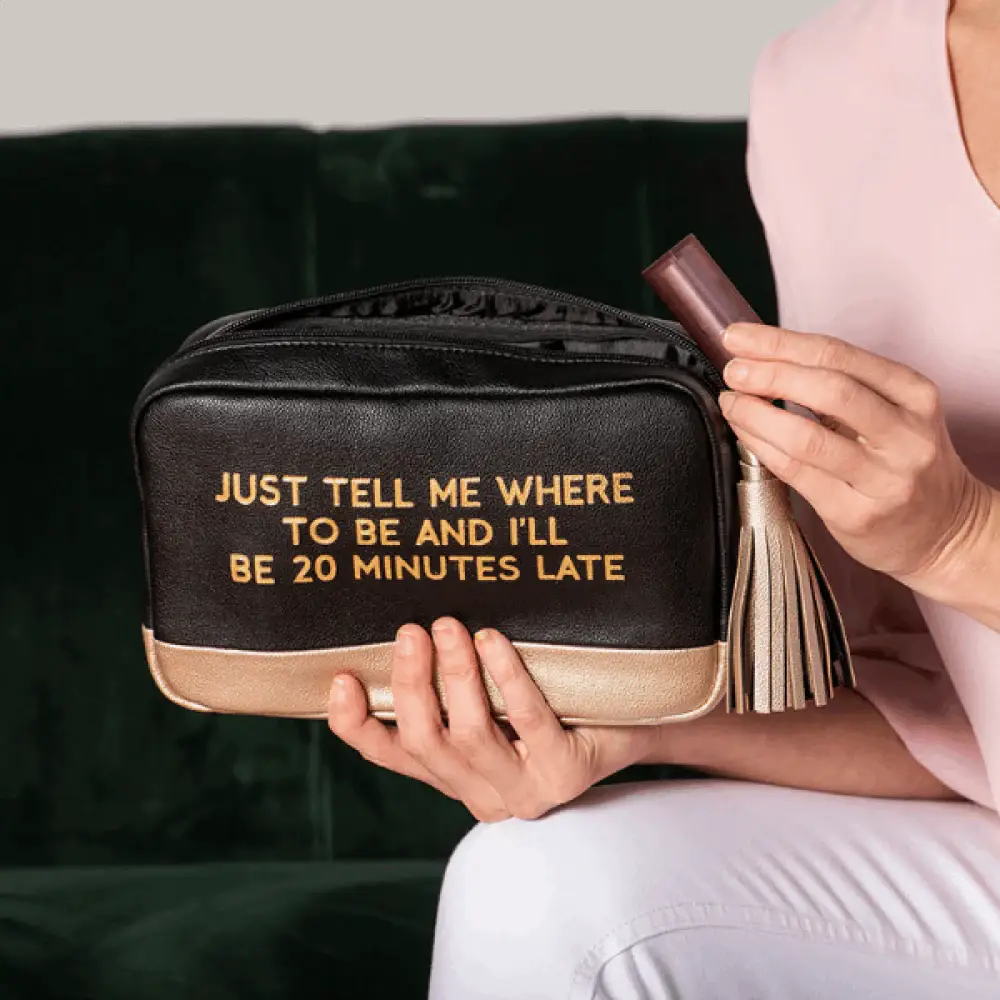 Black 20 Minutes Late Cosmetic Bag Faux Leather for wholesale on Faire1