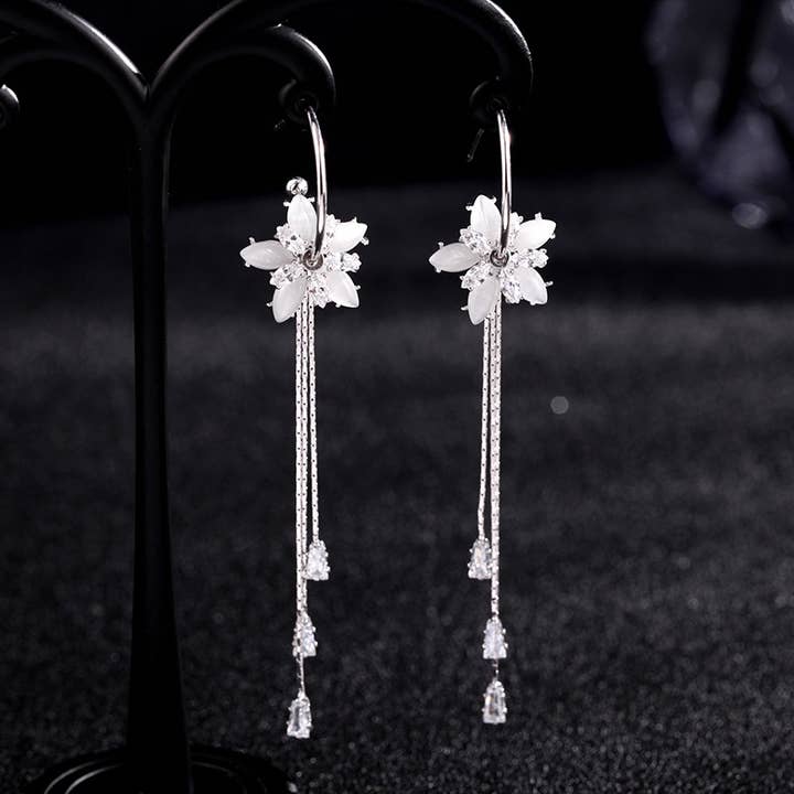 Korean Fashion CZ Crystal Flower Opal Long Tassel Earrings for wholesale by Gaia Fashion Inc
