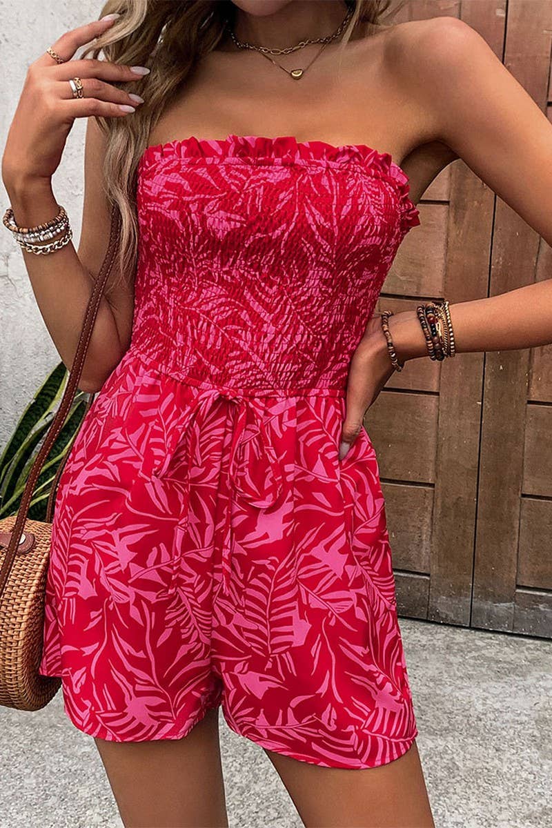 Red CWSJS0834_OFF-SHOULDER ELASTIC PRINTED TUBE TOP JUMPSUIT for wholesale on Faire2