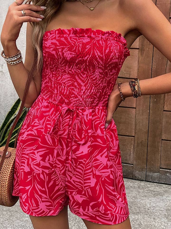 Red CWSJS0834_OFF-SHOULDER ELASTIC PRINTED TUBE TOP JUMPSUIT for wholesale on Faire2