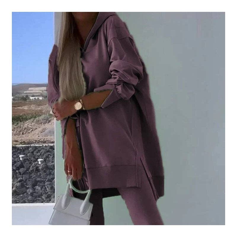 UZ Wholesale Store – wholesale Mjukisset – Dam – Set med hoodie med slits och tajta byxor0