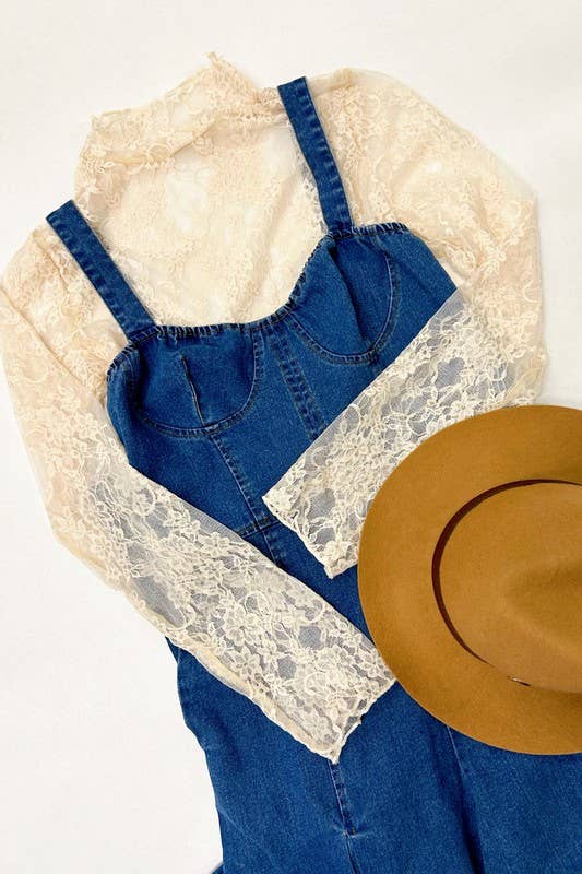 JADE BY JANE - Vente Chemisier – femme - Haut à manches longues en dentelle à imprimé floral KRT17398