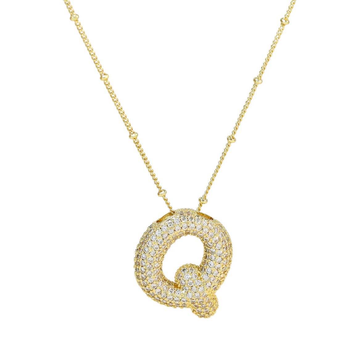 The Classy Cloth WS - Wholesale Pendant/Charm Necklace - Jeweled Cz Bubble Letter Initial Necklace - Gold RTS15