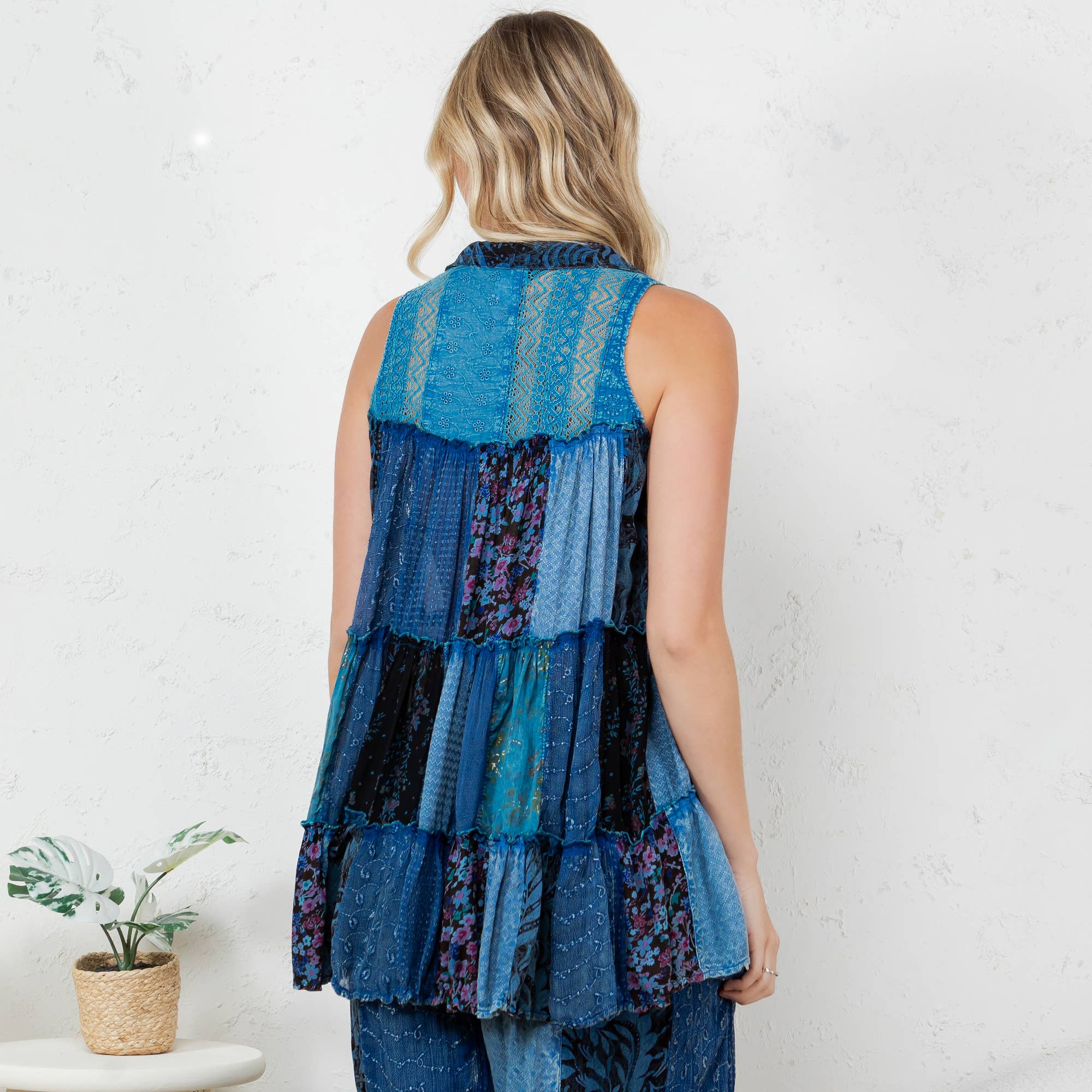 Young Threads - Wholesale Button Down Shirt - Women's - Boho Chic Nomad Patchwork Buttondown Top Sleevel (New Color)12