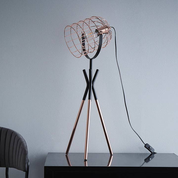 K LIVING Tripod Copper Table Lamp and Floor Lamp option with an Industrial Metal Cage Style and a Polished copper and Black finish for wholesale by K LIVING
