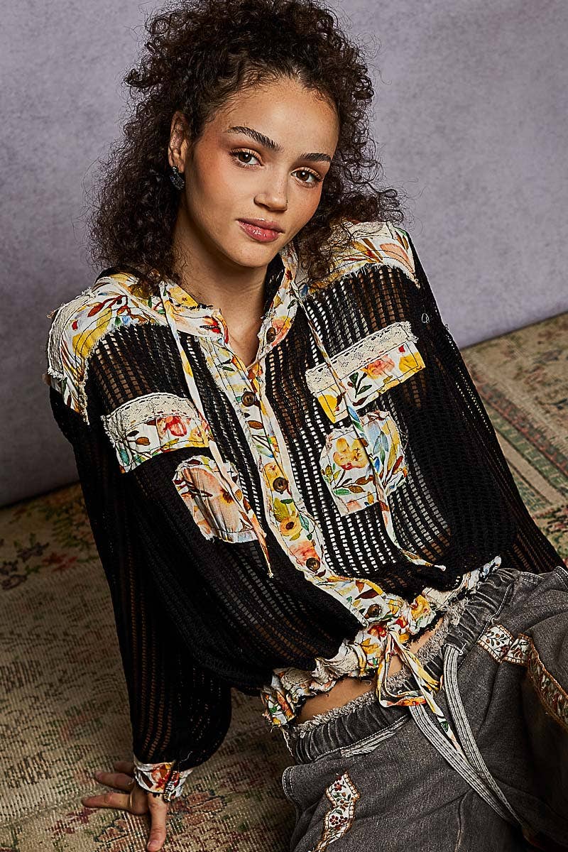 Pol Clothing - Wholesale Jacket - Women's - Vintage washed floral print patch crochet jacket SALE11