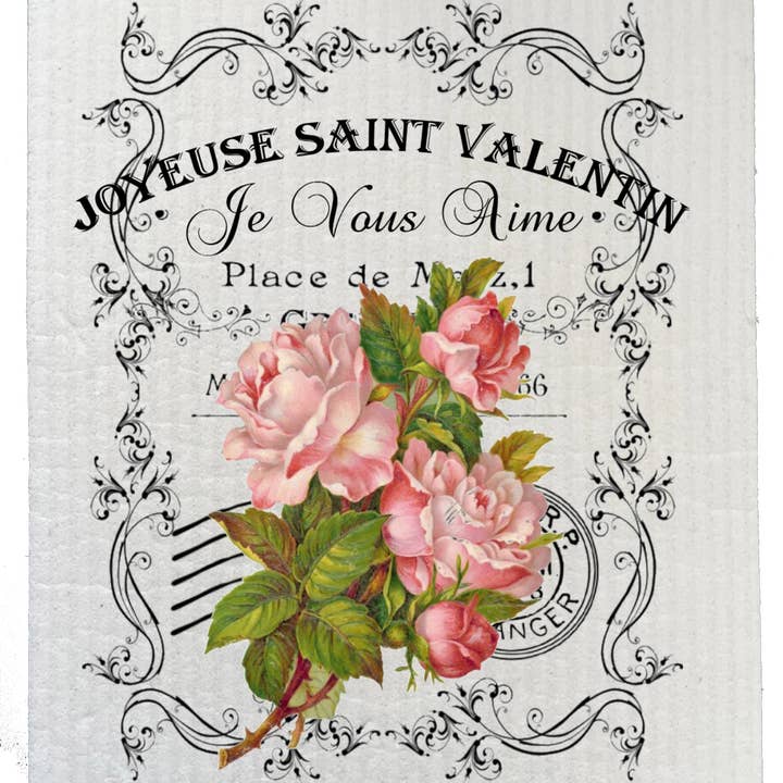 French Vintage Valentine Pink Roses SWEDISH DISH CLOTHS for wholesale by Avery Lane Gifts