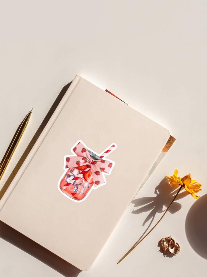 Mason Jar Strawberry Drink Sticker – Cute Vinyl Decal for Water Bottles, Journals & Planners for wholesale by The sticker era