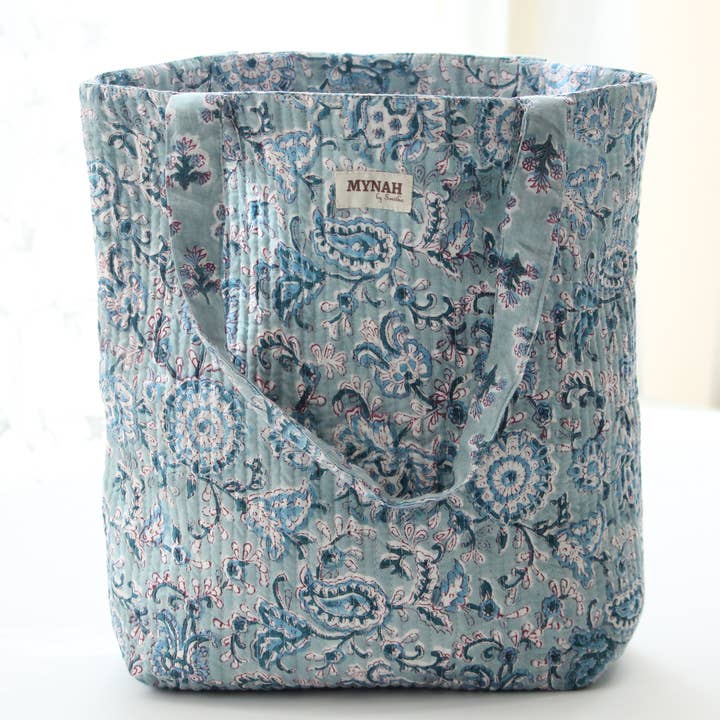 MYNAHbySmitha - Wholesale Tote Bag - Women's - Dusty blu floral print reversible tote bag-Small laptop bag