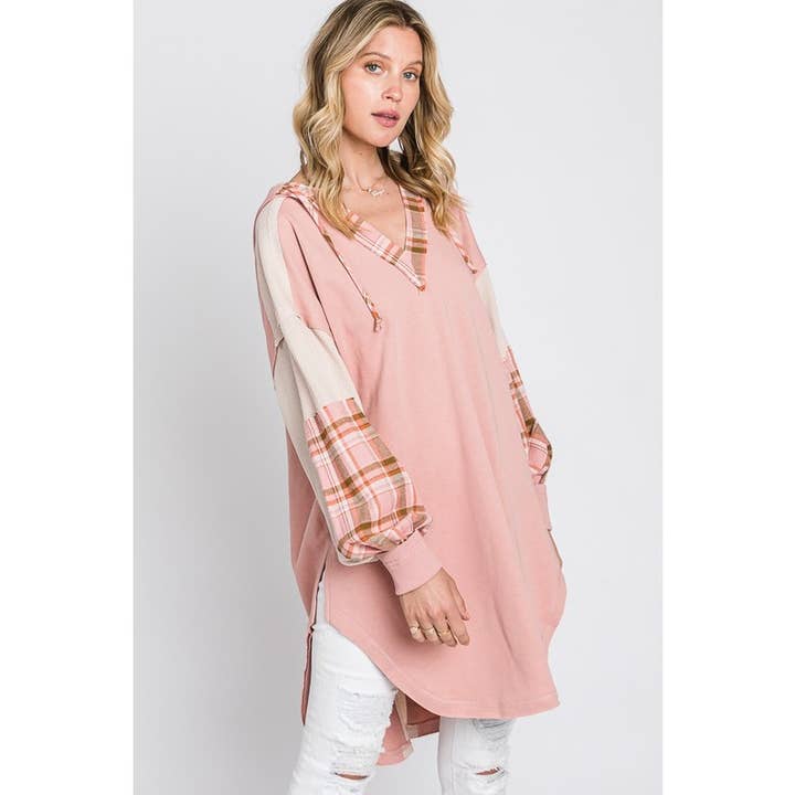 Oli&Hali - Wholesale Hoodie - Women's - PLAID CONTRAST HOODED FRENCH TERRY TUNIC TOP