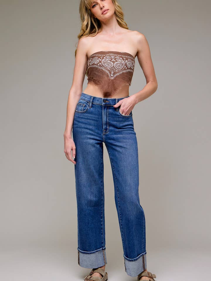 Dark Wash Cuffed Stretch Clean Dad Jean for wholesale by Hidden Jeans