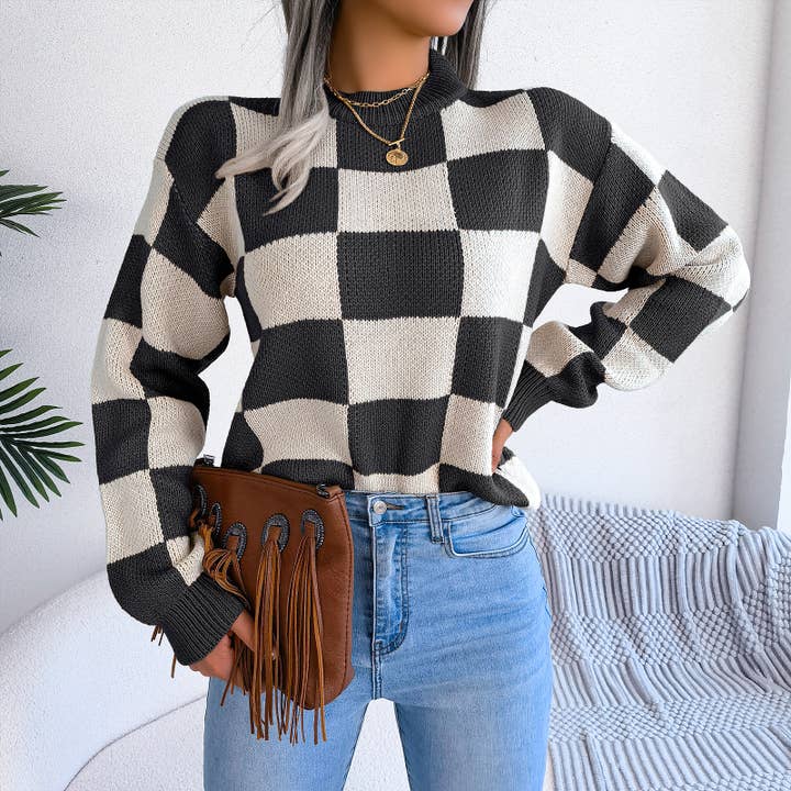 HIDDENBRAND - Wholesale Knit Sweater - Women's - Contrast plaid pullover knit sweater