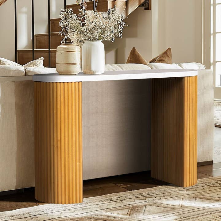 Olliix - Wholesale Console Table - Faux White Marble Top Console Table with Reeded Pillar Legs*