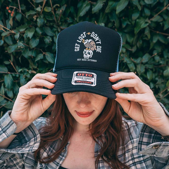Get Lost - Don't Die - Black with White Mesh Trucker Hat for wholesale by Hey Bear Outdoors