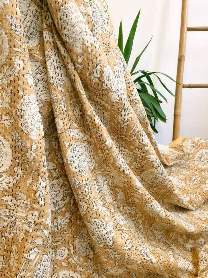 Kantha Pure Cotton Reversible throw in Elegant Sandstone Beige Botanical Bloom for wholesale by Essential Designs London