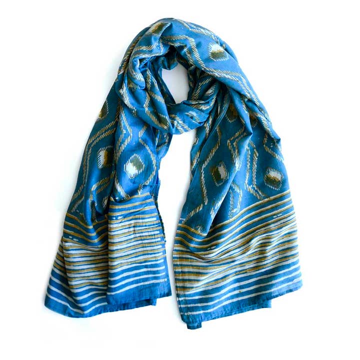 Sciarpa in Cotone e Seta Oro Blu Smorzato Fatta a Mano - Unisex | Bali per la vendita all'ingrosso da parte di Ichcha