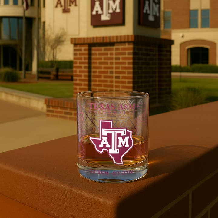 Greenline Goods - Wholesale Cocktail/Liquor Glass - University of Texas A&M Aggies College Whiskey Glasses (Set of 2), 10 oz – Full-Color Logo + Campus Map3
