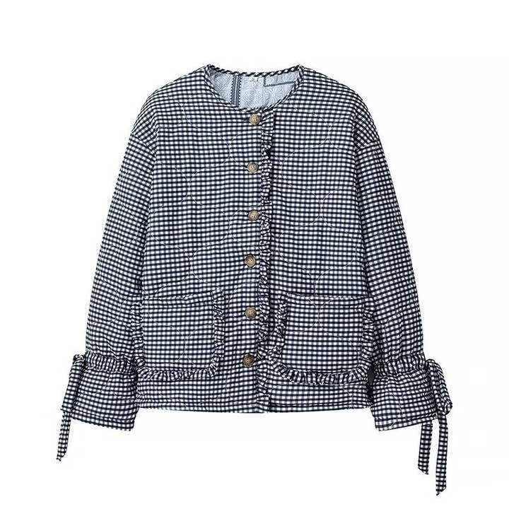 black Reversible Gingham floral ruffle trim Quilted jacket for wholesale on Faire