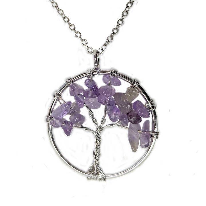 Amethyst Gemstones Tree of Life Wire Wrapped Necklace Silver for wholesale by Stylish Jewelry Supply