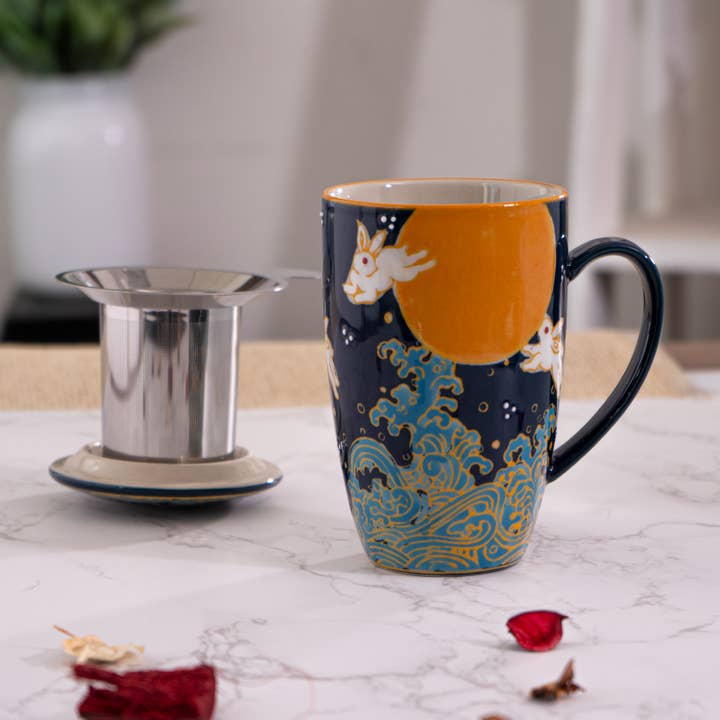 Urban Tokyo - Wholesale Coffee Mug - Moon Rabbit Design 15oz Tea Mugs with Lid and Infuser