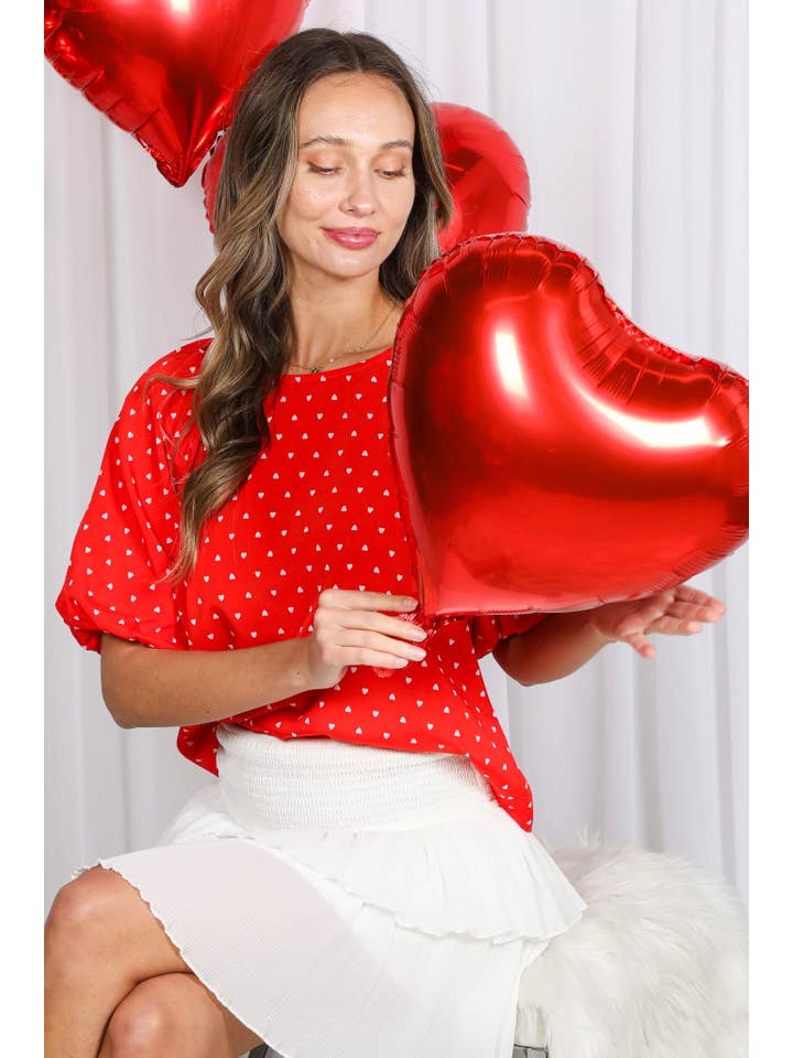 Rood Boothals Pofmouw Hartjesprint Blouse Top VT82337H voor groothandel op Faire1