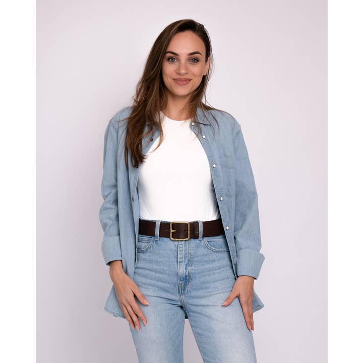 Amsterdam Heritage Leather Belts, Bags, Jackets & Apparel - Wholesale Belt - Women's - Kaya | Vintage Square Gold Buckle Rugged Leather Belt Women
