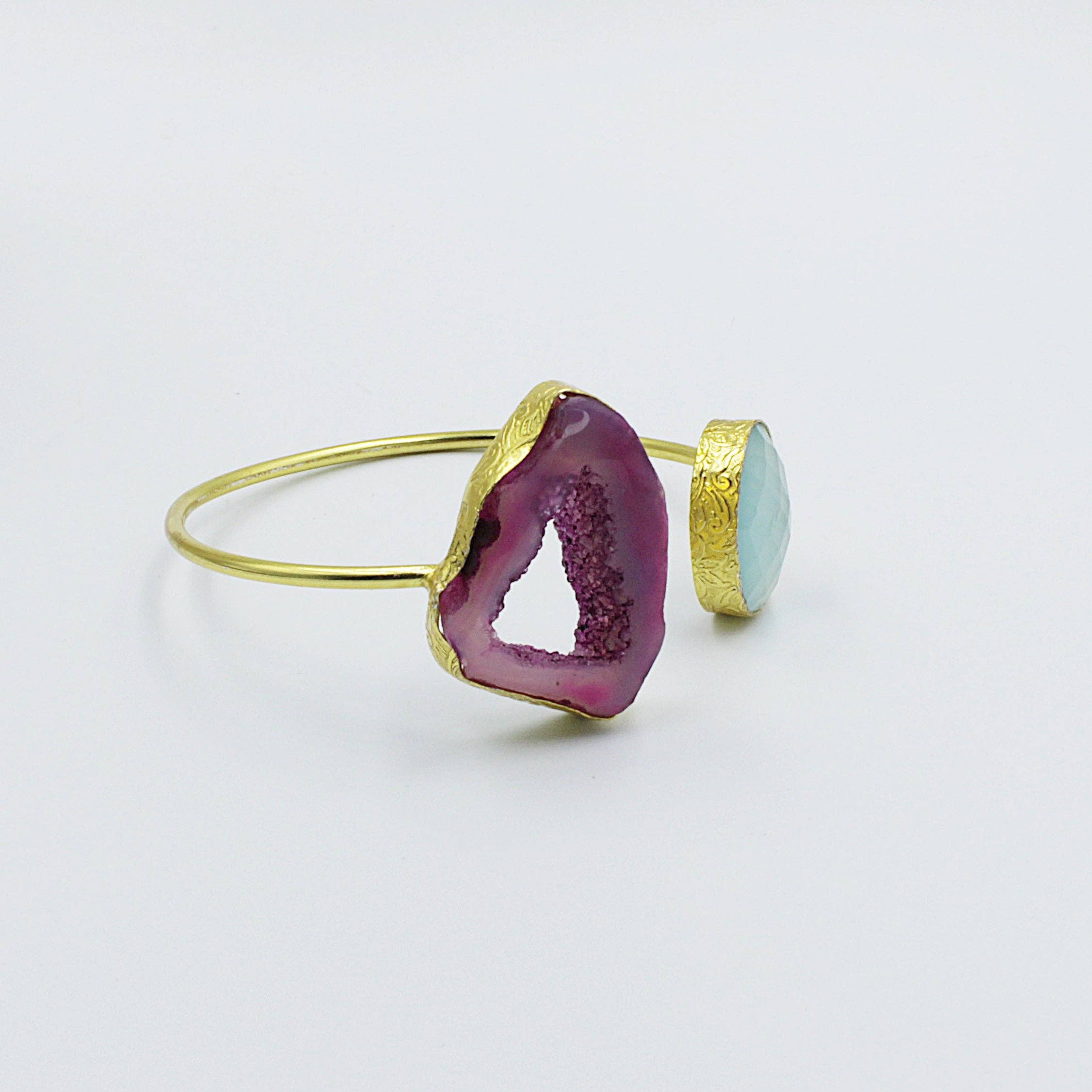 LA MAR - Wholesale Cuff Bracelet - Bracelet with 2 stones, pink and sky blue - chalcedony and agate quartz gold-plated6