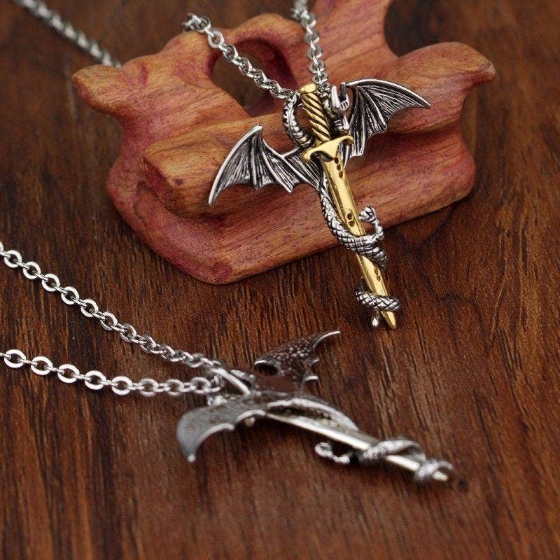 My Wholesale Warehouse – wholesale Pendant/charm necklace – Game of Thrones Inspired Gold Sword Silver Dragon Necklace1