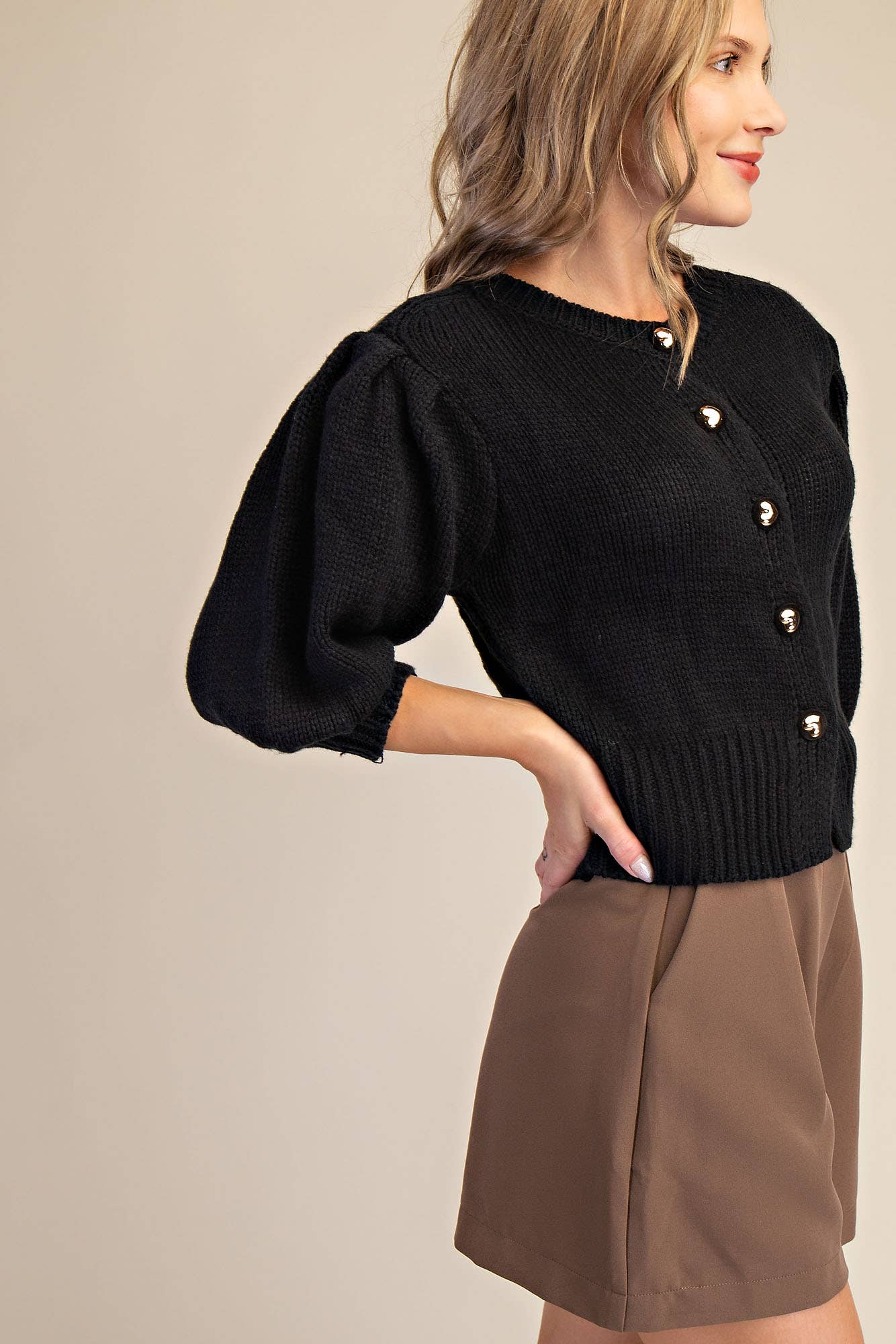 Glam - Wholesale Knit Sweater - Women's - Short Puff Sleeve Button Down Sweater5