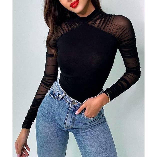 Rosa Clothing - Wholesale Bodysuit - Women's - Round-neck mesh long-sleeved bodysuit