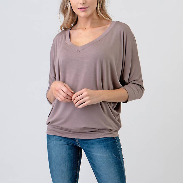 Heimious - Wholesale Knit Top - Women's - 3/4 Dolman Sleeve V-neck Modal Jersey Top, 257367