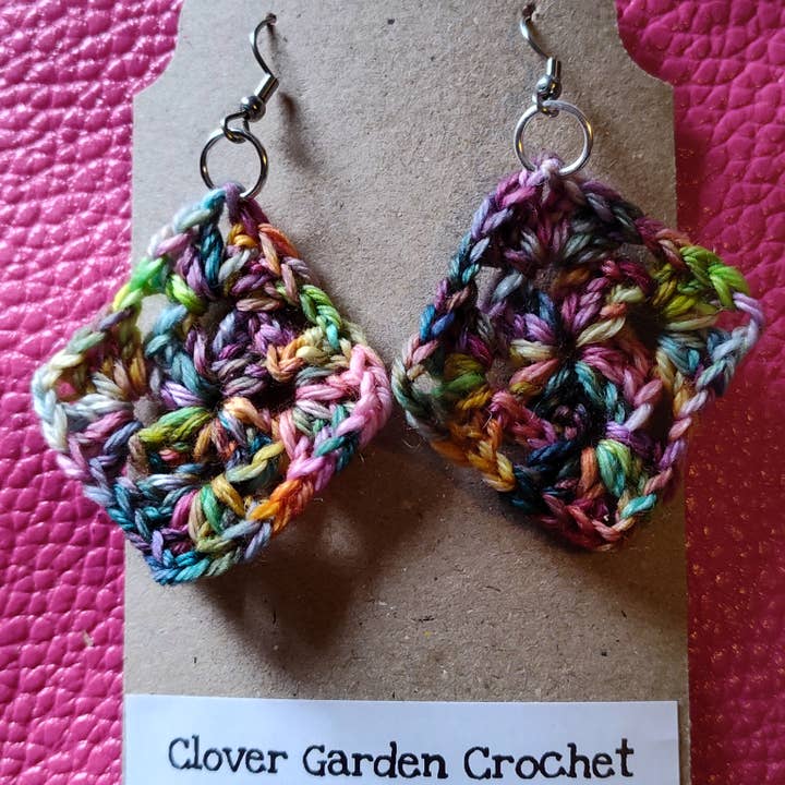 Crochet Merino Wool Rainbow Boho Granny Square Drop Earrings for wholesale by Clover Garden Crafts