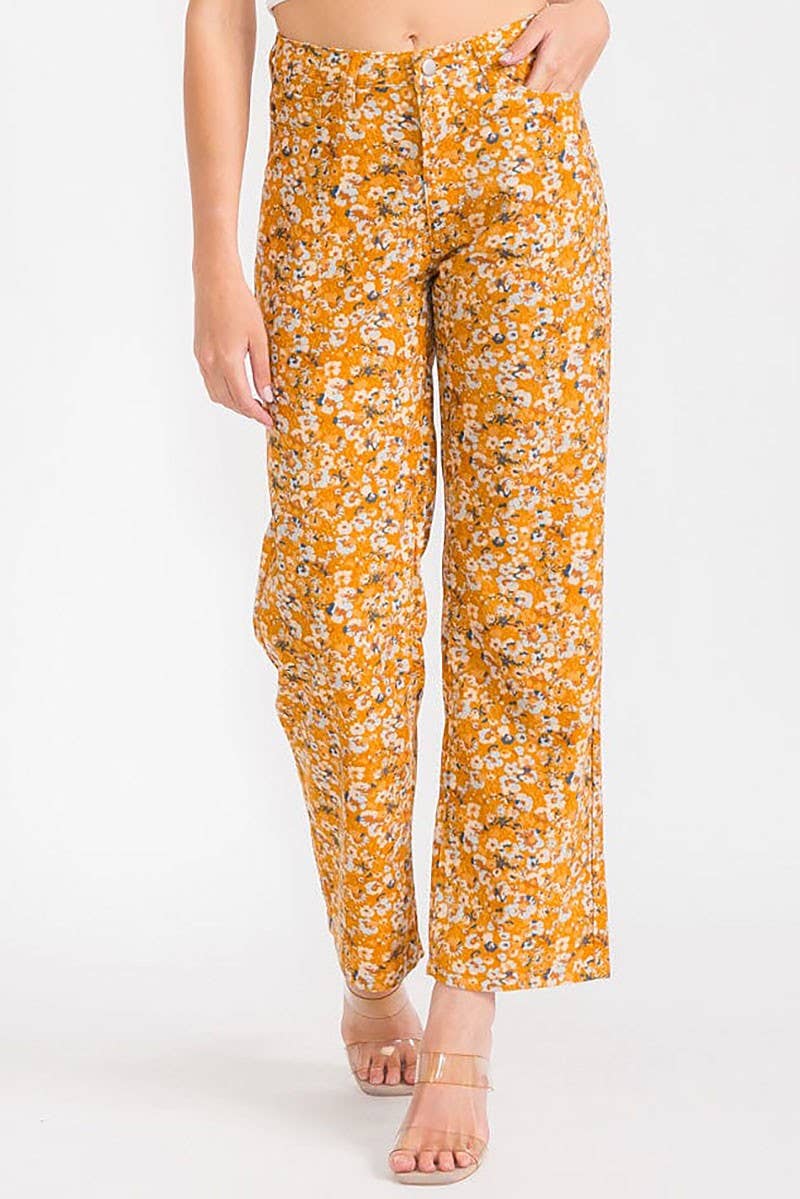 MUSTARD FLORAL PRINT CORDUROY STRAIGHT LEG PANTS for wholesale on Faire