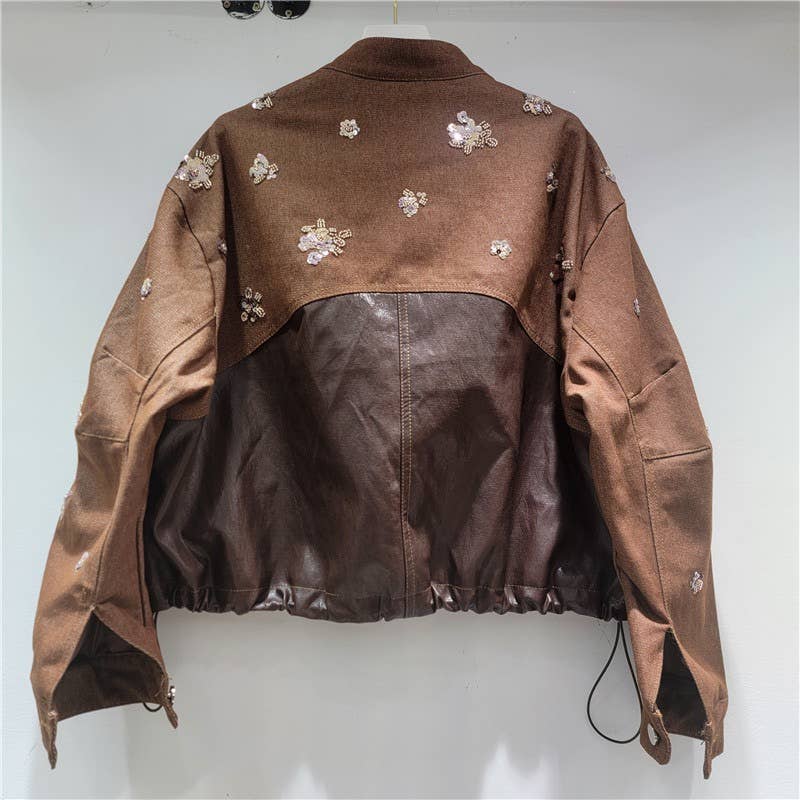 Farbe als Bilder JK182 Handgefertigte Jeansjacke aus PU-Leder mit Perlen und Pailletten für den Großhandel auf Faire1