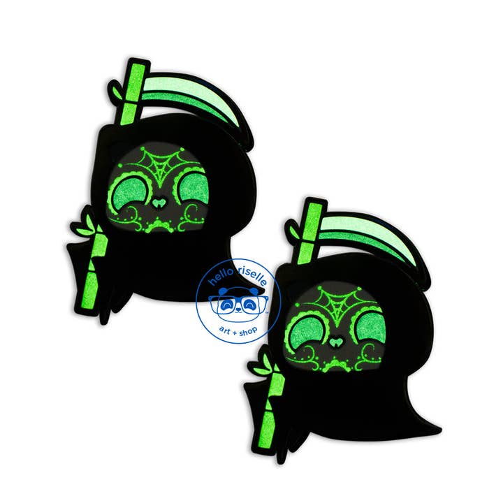 Hello Riselle | Art + Shop - Wholesale Lapel Pin/Button - Sugar Skull Grim Reaper Panda - Glow in the Dark Enamel Pin