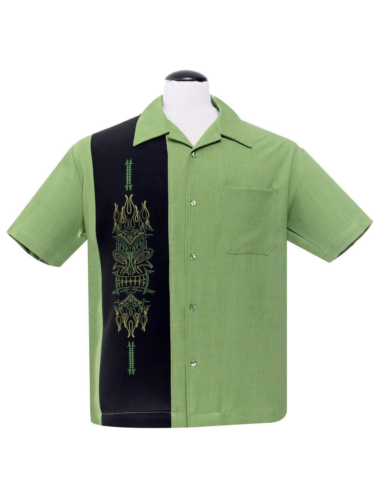 Steady Clothing - Wholesale Button Down Shirt - Men's - Pinstripe Tiki Panel Bowling Shirt in Green