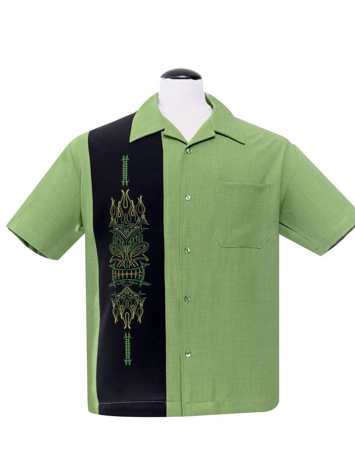 Steady Clothing - Wholesale Button Down Shirt - Men's - Pinstripe Tiki Panel Bowling Shirt in Green0