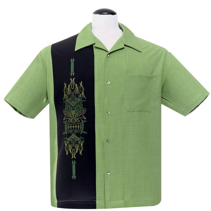 Steady Clothing - Wholesale Button Down Shirt - Men's - Pinstripe Tiki Panel Bowling Shirt in Green