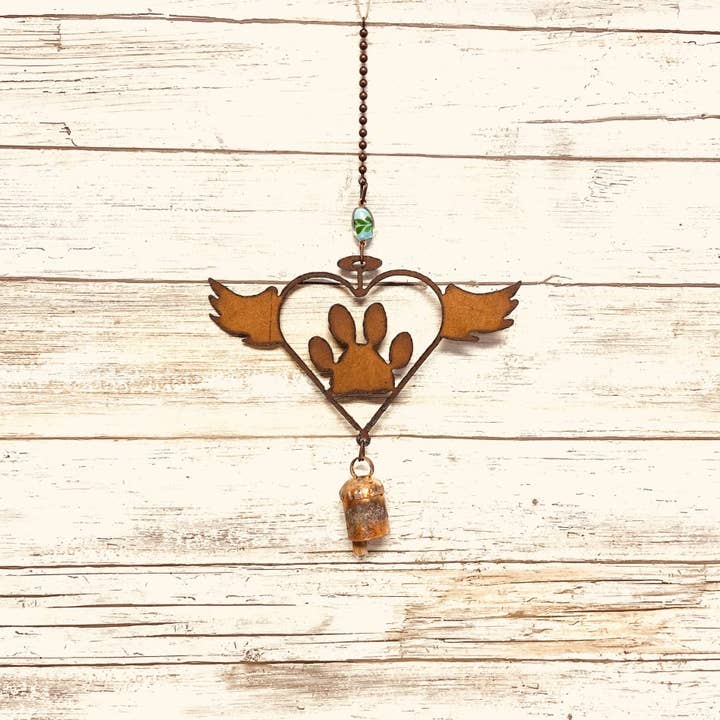 Universal Ironworks USA - Wholesale Wind Chime - Flying Heart Outline with Paw and Wings Bell Chime Garden