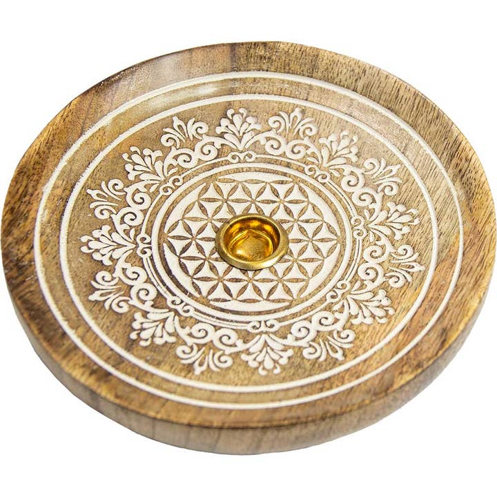 Kheops International - Wholesale Incense Holder - Mango Wood Cone Burner Laser Engraved - Flower of Life
