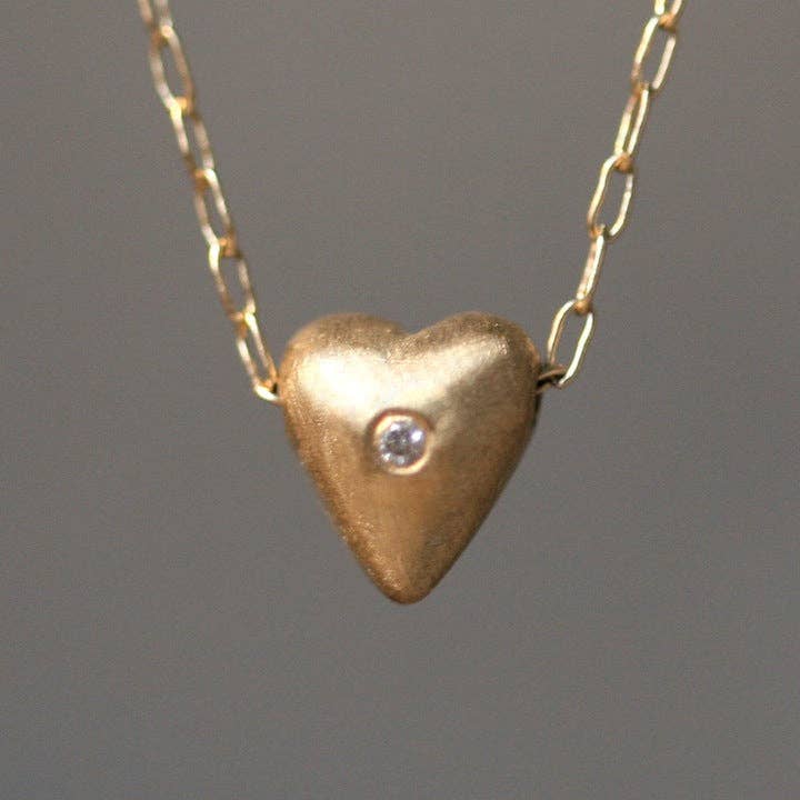Tiny Puffy Heart Necklace in 14K Gold with Diamond for wholesale by Michelle Chang