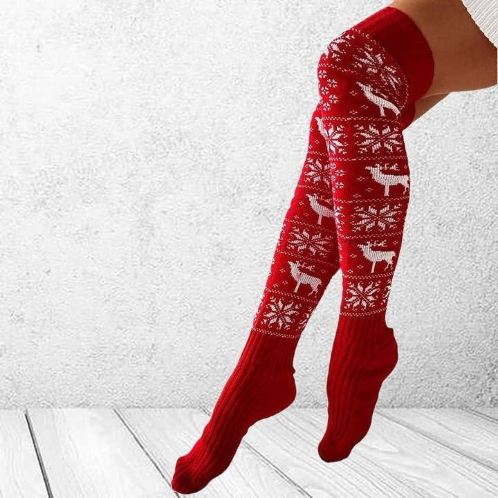 FurDecoration – wholesale Strumpor - Dam – Tjocka julsnöflinga Jacquard stickade långa strumpor