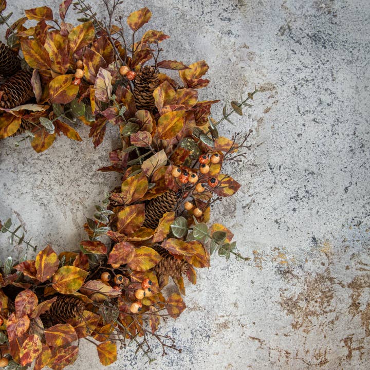 Ragon House - Wholesale Wreath - 24" MIXED FALL FOLIAGE WREATH W/ BERRIES0