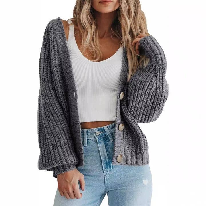 FurDecoration - Vente Cardigan – femme - Cardigan boutonné à manches longues en maille épaisse de couleur unie