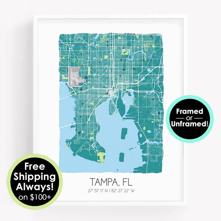 Tampa Florida Map - Watercolor City Map Art - Customizable for wholesale by Sparks House Co.