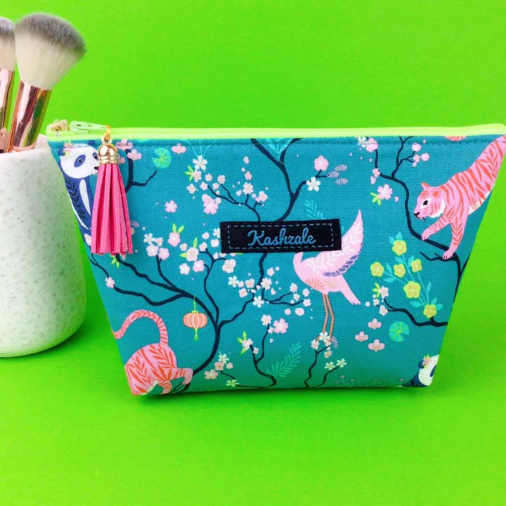 Teal Pandas and Tigers Medium Cosmetic Bag. Teal Cosmetic Bags for wholesale by Kashzale Handmade Cosmetic Bags