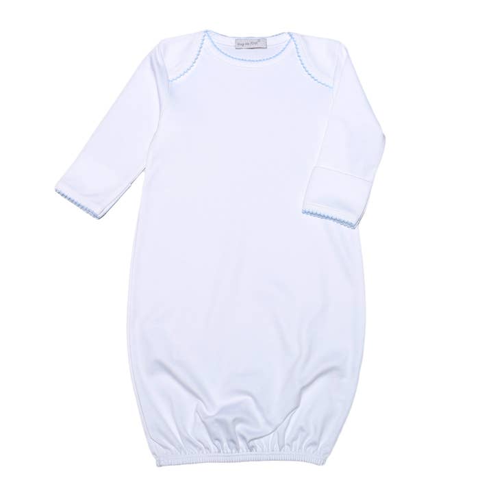 Hug Me First – Großhandel Babykleid – Baby – WBG-019 WEISSES PIMA-KLEID MIT BLAUEM PICOT-BESATZ