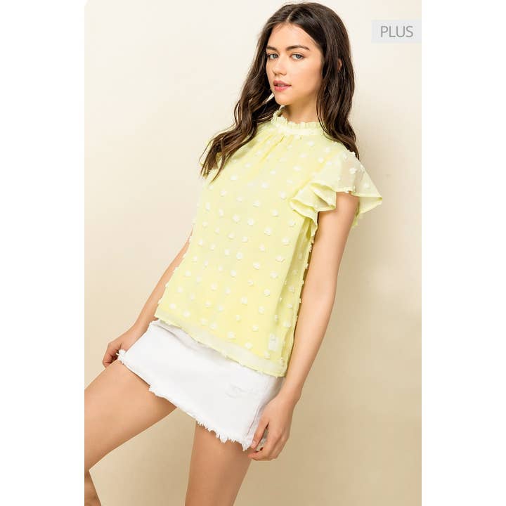 YELLOW /Size XL/ Romantic Pom Dot Top Featuring Draped Flutter Slee for wholesale on Faire2